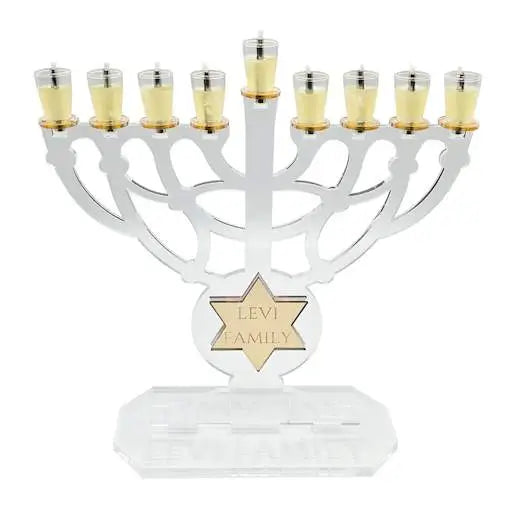 Personalized Maccabi Menorah Chanukiah – Custom Family Name Acrylic Hanukkah Menorah | Model # LSN-2103