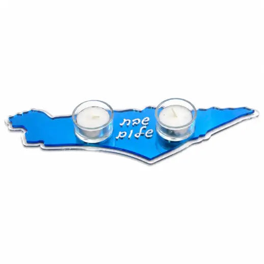 Israel Map Shabbat Candle Tray – Sky Blue Acrylic Candle Holder with Shabbat Shalom Design (LSN-4028 Sky Blue Mirror with Glossy White Letters)