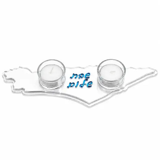 Israel Map Shabbat Candle Tray – Sky Blue Acrylic Candle Holder with Shabbat Shalom Design (LSN-4029 Glossy White with Sky Blue Mirror Letters)