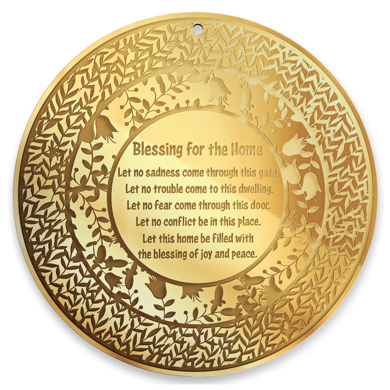 Jewish Home Blessing Wall Art – Birkat HaBayit Round Acrylic Wall Hanger – Engraved Garden Design – Handmade Judaica (Golden Mirror, English)