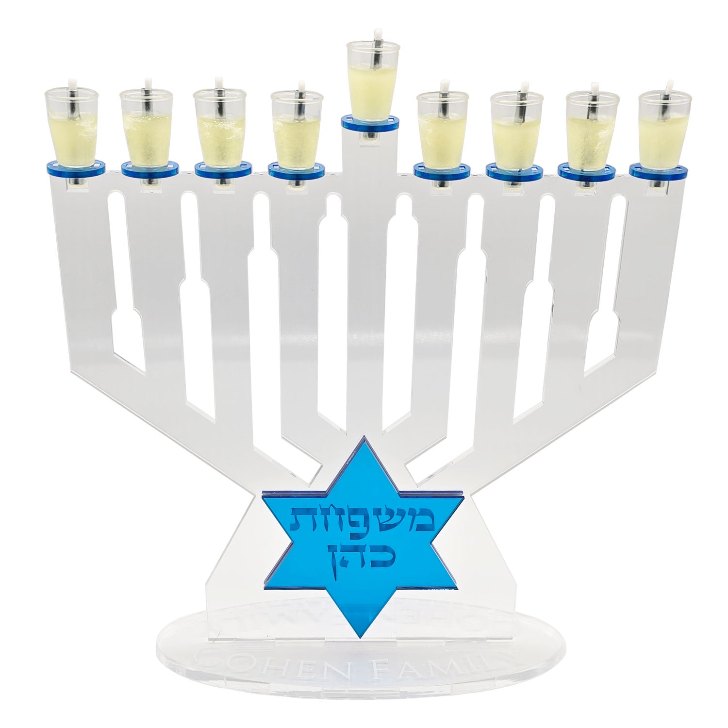 Personalized Maccabi Menorah Chanukiah – Custom Family Name Acrylic Hanukkah Menorah | Model # LSN-2100