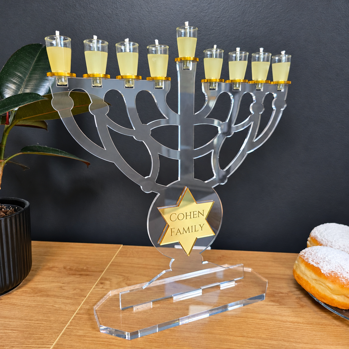 Large Personalized Yehuda Maccabi Menorah Chanukiah – Custom Family Name Acrylic Hanukkah Menorah | Model # LSN-2103