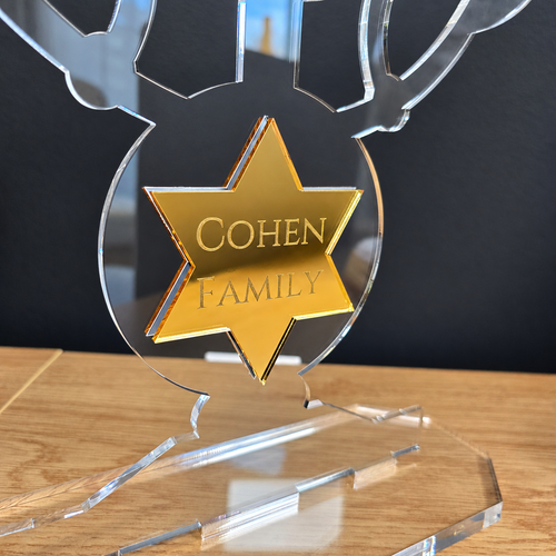 Large Personalized Yehuda Maccabi Menorah Chanukiah – Custom Family Name Acrylic Hanukkah Menorah | Model # LSN-2103