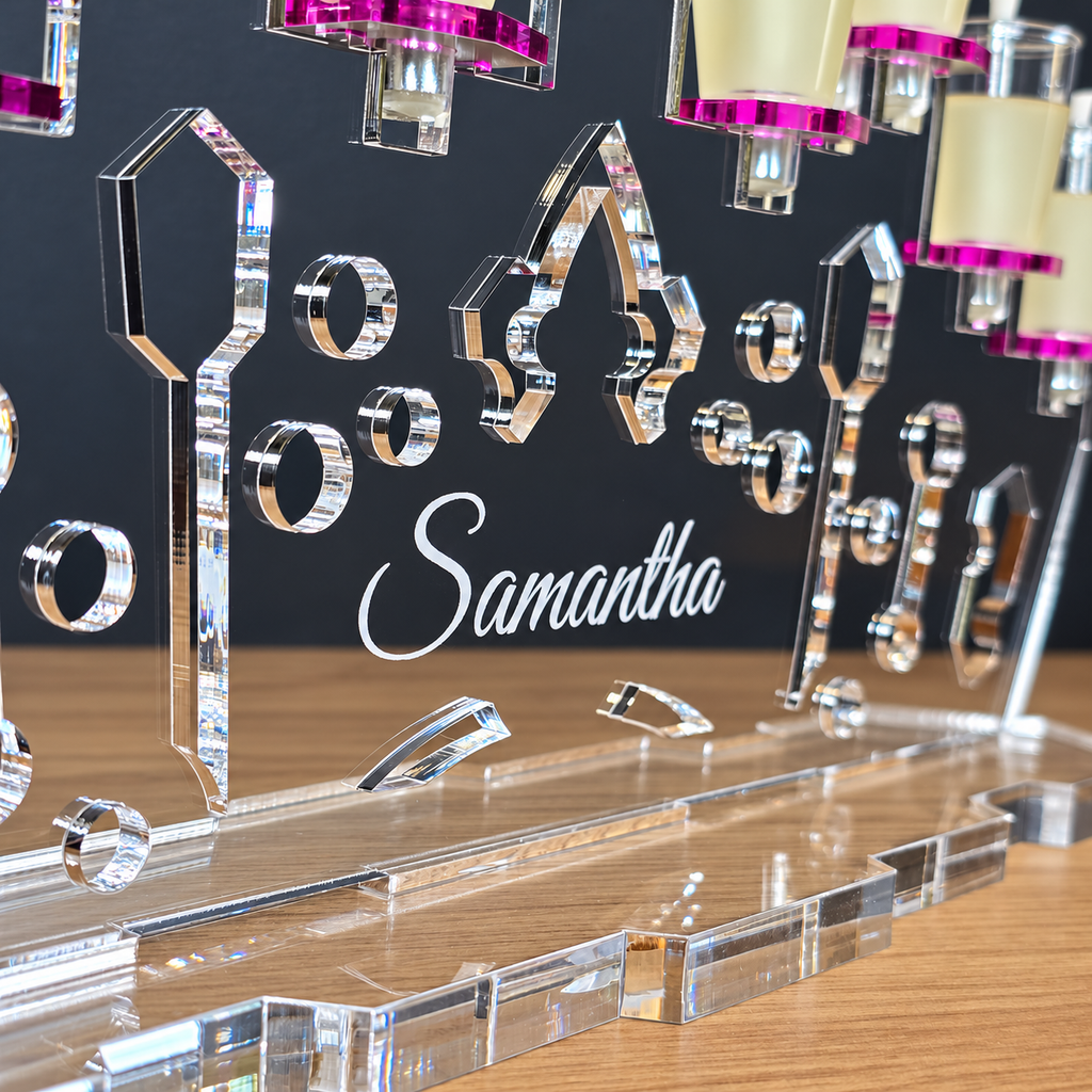 Personalized Princess Crown Menorah for Girls – Custom Name Acrylic Hanukkah Chanukiah | Model # LSN-2501