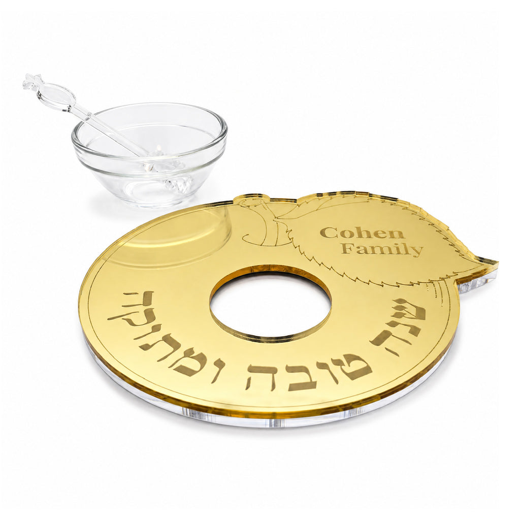 Personalized Rosh Hashanah Honey Plate – Gold Mirror Acrylic Judaica with Honey Dish & Spoon – LSN-2502