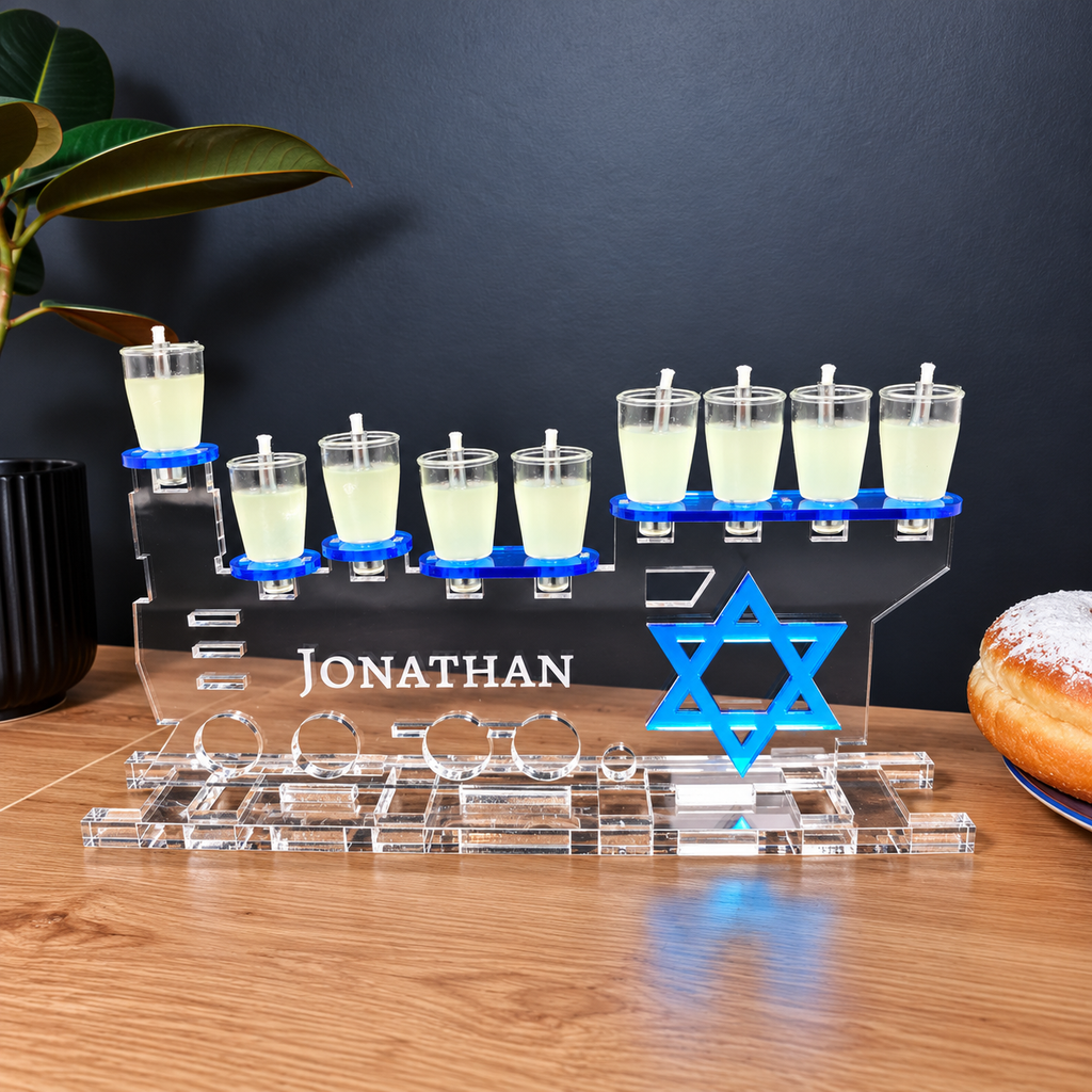 Personalized Train Menorah for Boys – Custom Name Acrylic Hanukkah Chanukiah with Star of David | Model # LSN-2502