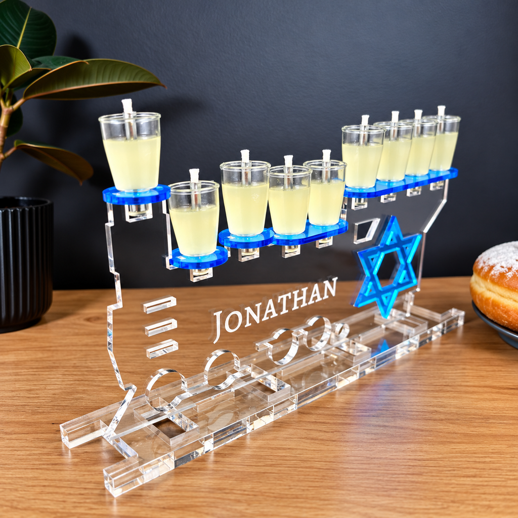 Personalized Train Menorah for Boys – Custom Name Acrylic Hanukkah Chanukiah with Star of David | Model # LSN-2502