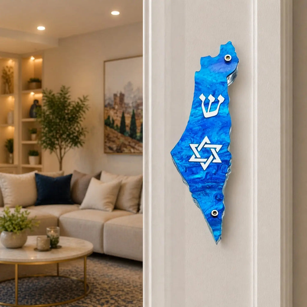 Genesis Map of Israel with David Star Mezuzah for Door – Handmade Premium Clear Acrylic Case – Model LSN-30501