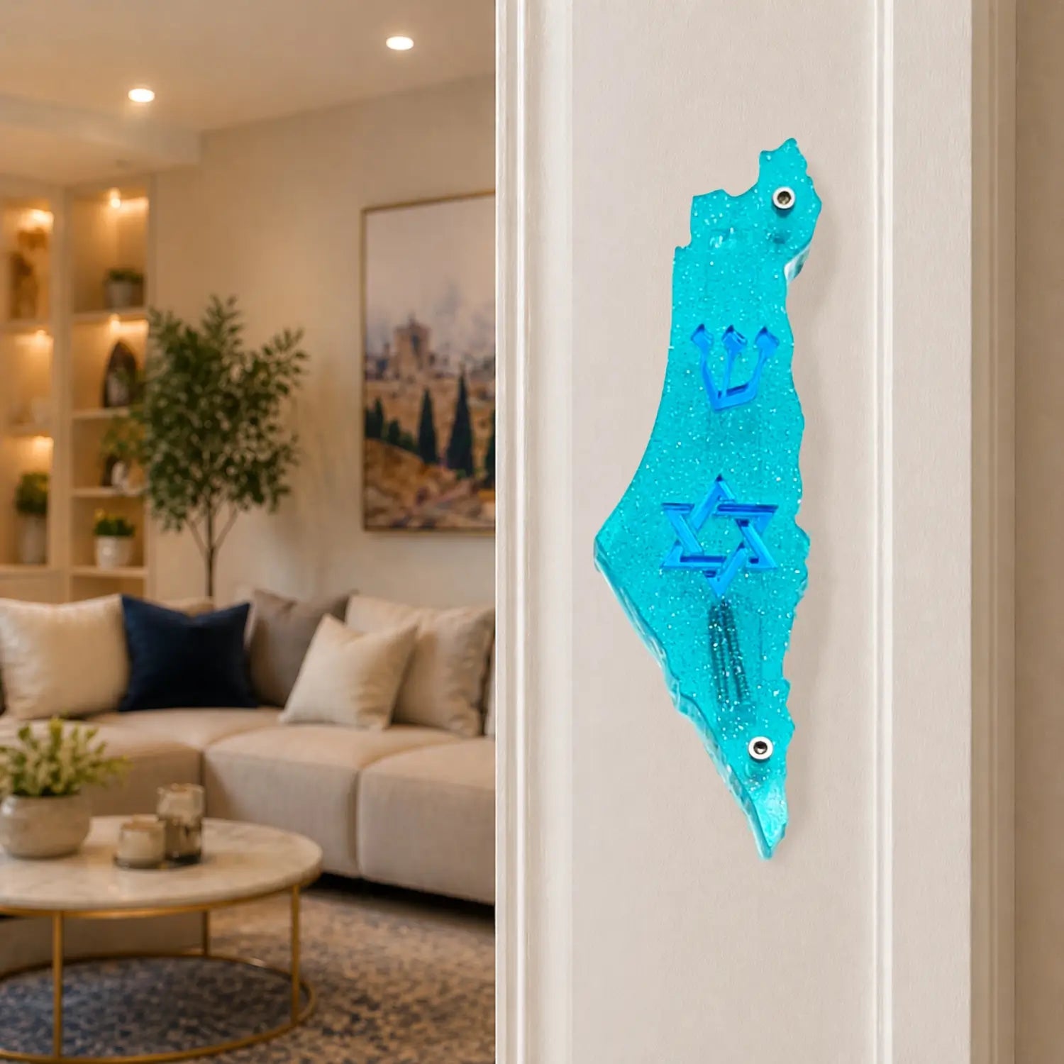 Genesis Map of Israel with David Star Mezuzah for Door – Handmade Premium Clear Acrylic Case – Model LSN-30505