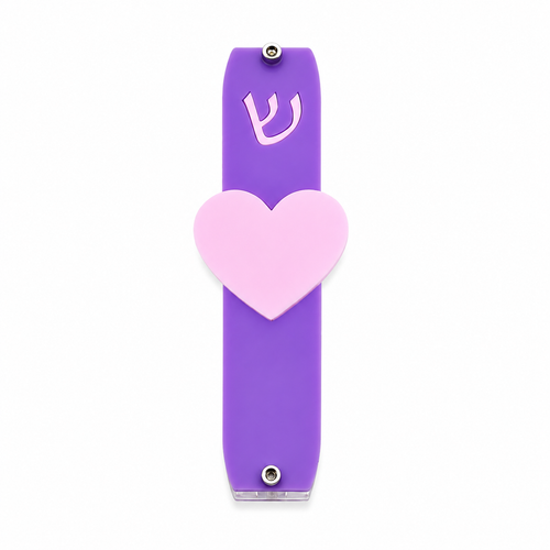 Genesis Kids Collection Purple with Baby Pink Pastel Heart Mezuzah for Door – Handmade Premium Clear Acrylic Case – Model LSN-40004