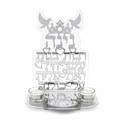 Personalized Eshet Chayil Shabbat Candle Tray – Silver Mirror Acrylic Candle Holder with Custom Name | Elegant Judaica Gift including Tealight Glass Clear Candle Holders LSN-4022