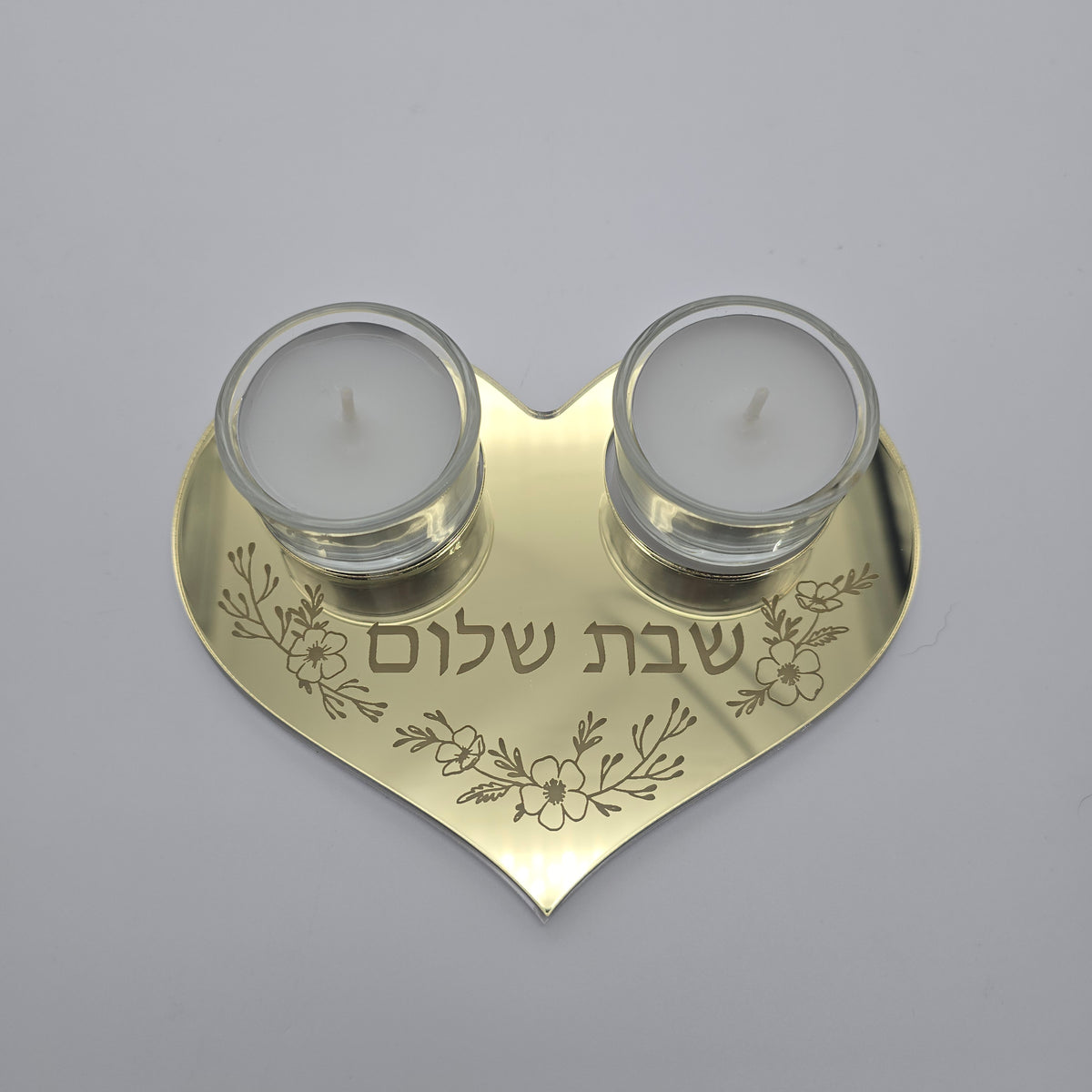 Personalized Heart Shabbat Candle Tray – Shabbat Shalom Hebrew Acrylic Candle Holder, Hostess Gift | Model LSN-4030
