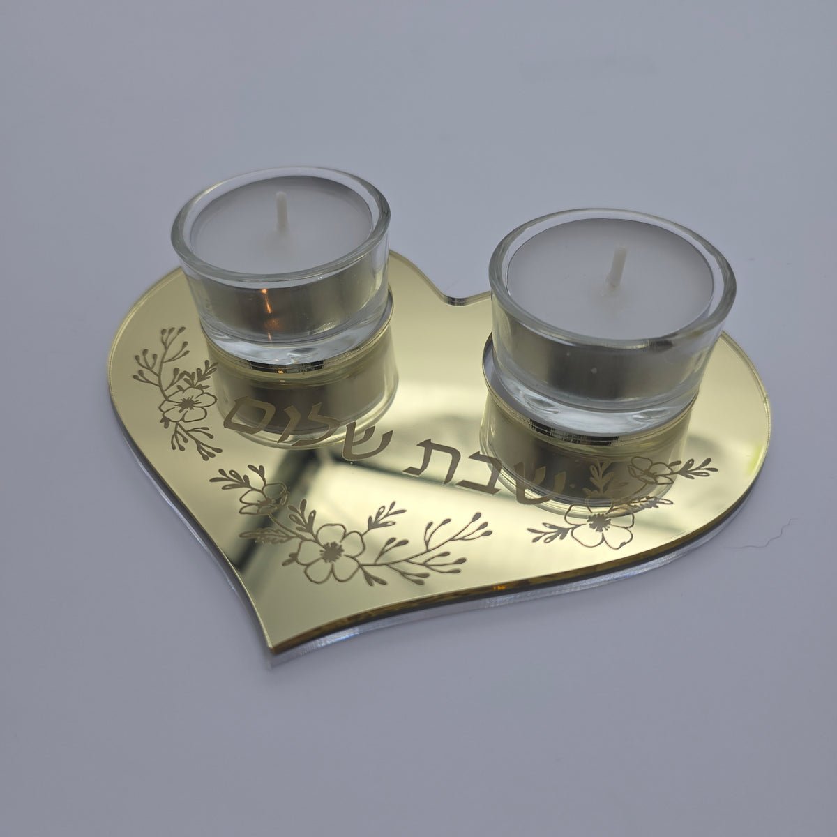 Personalized Heart Shabbat Candle Tray – Shabbat Shalom Hebrew Acrylic Candle Holder, Hostess Gift | Model LSN-4030