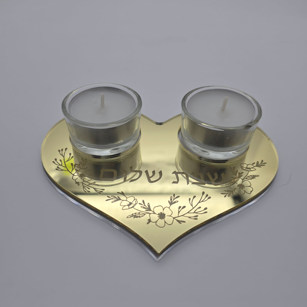 Personalized Heart Shabbat Candle Tray – Shabbat Shalom Hebrew Acrylic Candle Holder, Hostess Gift | Model LSN-4030