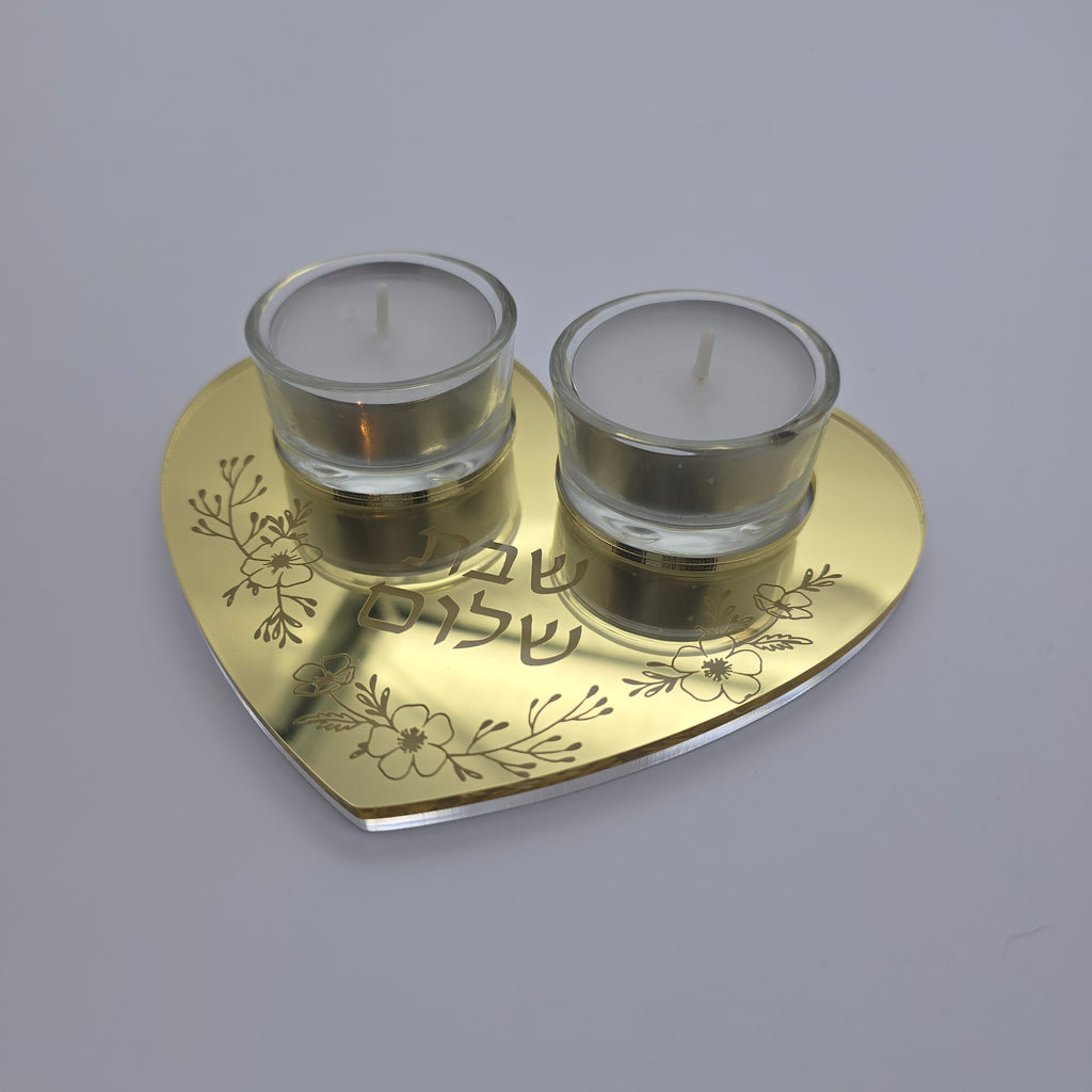 Personalized Heart Shabbat Candle Tray – Shabbat Shalom Hebrew Modern Judaica Candle Holder, Hostess Gift | Model LSN-4031