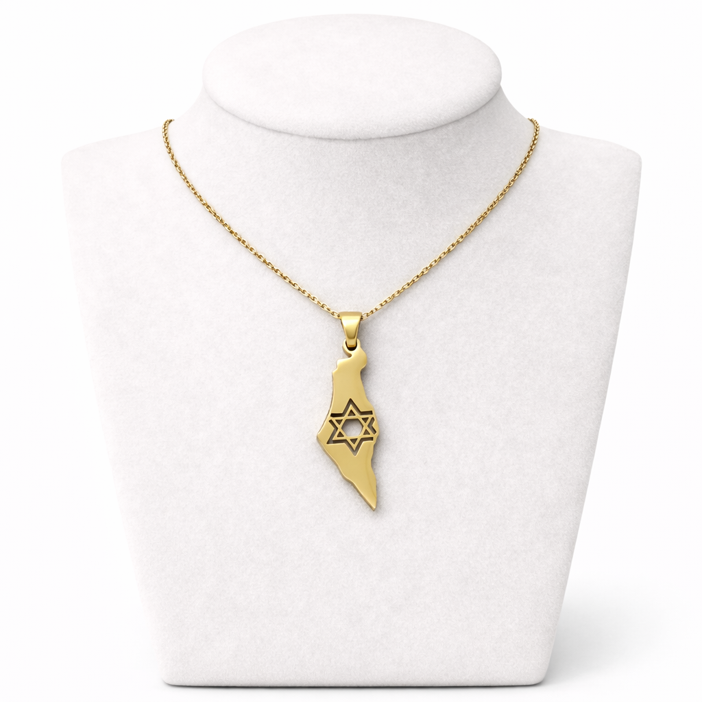 Israel Map Necklace with Star of David Cutout – Gold Stainless Steel Pendant | Unisex Jewish Gift LSN-6007