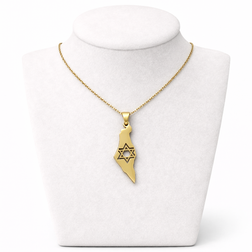 Israel Map Necklace with Star of David Cutout – Gold Stainless Steel Pendant | Unisex Jewish Gift LSN-6007