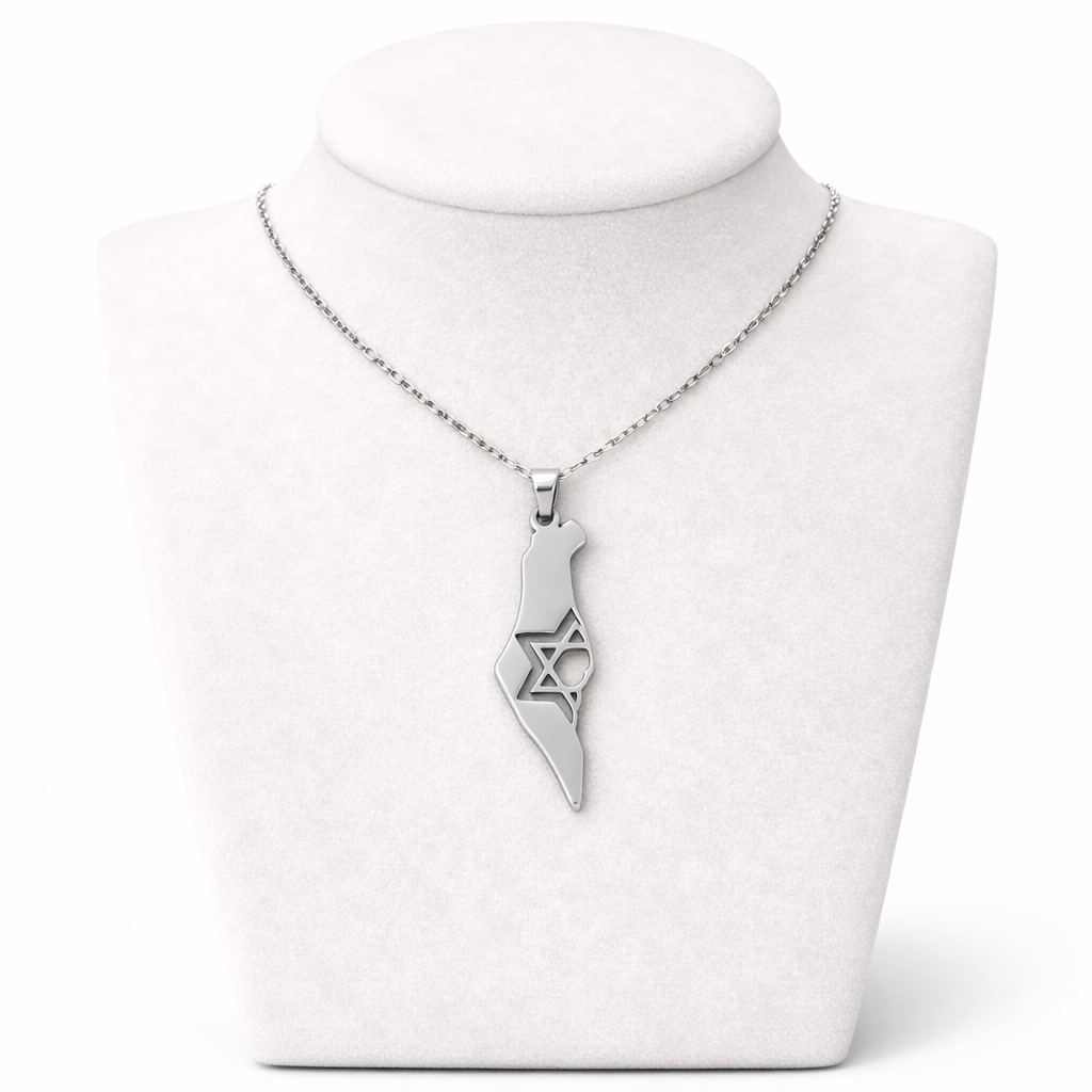 Israel Map Necklace with Half Star of David Cutout – Silver Stainless Steel Pendant | Unisex Jewish Gift LSN-6010