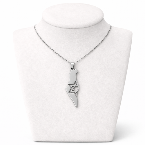 Israel Map Necklace with Half Star of David Cutout – Silver Stainless Steel Pendant | Unisex Jewish Gift LSN-6010