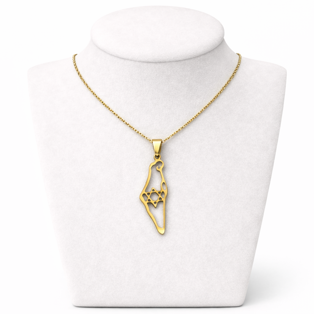 Hollow Israel Map Necklace with Star of David – Gold Stainless Steel Outline Pendant | Unisex Jewish Gift LSN-6011