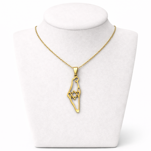 Hollow Israel Map Necklace with Star of David – Gold Stainless Steel Outline Pendant | Unisex Jewish Gift LSN-6011