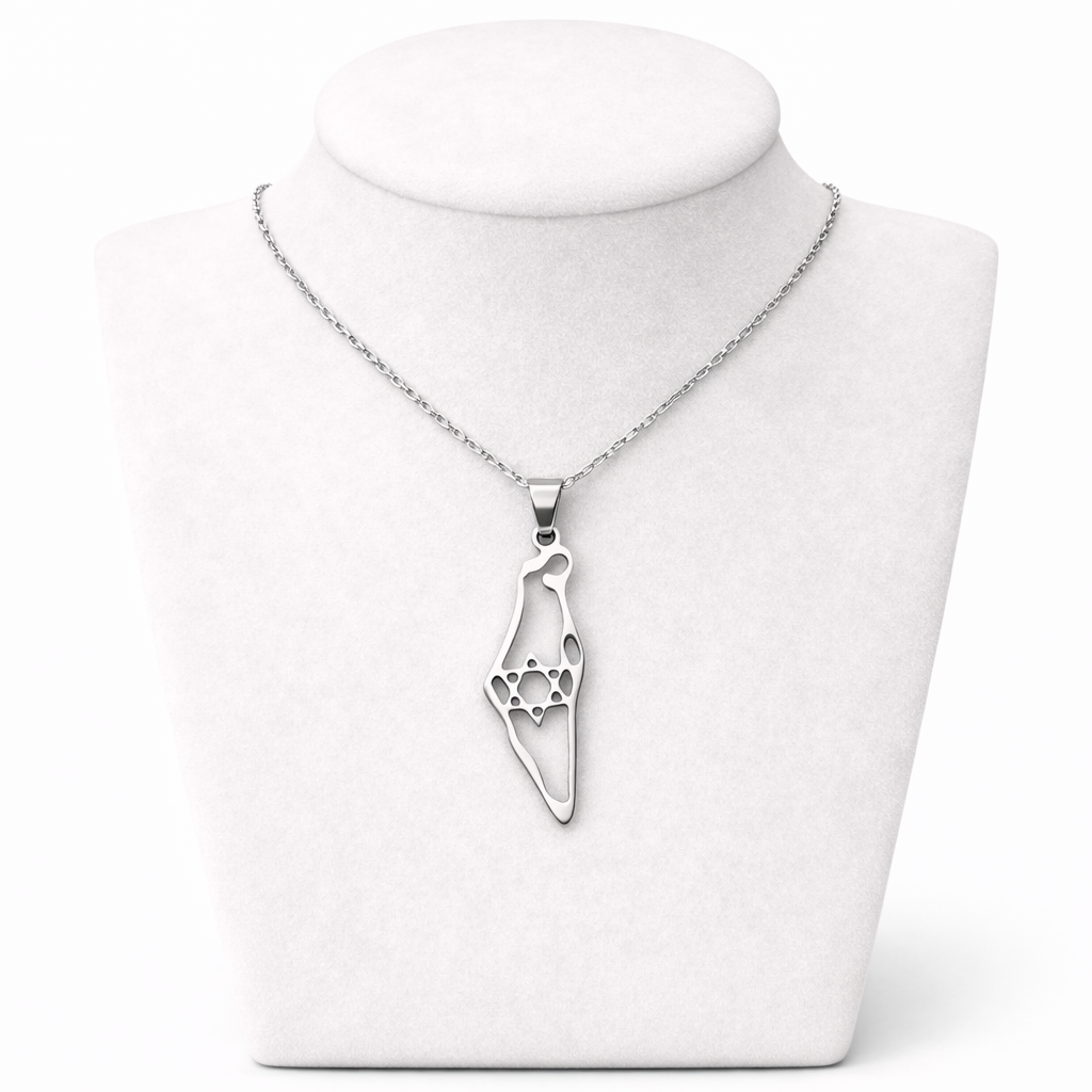Hollow Israel Map Necklace with Star of David – SilverStainless Steel Outline Pendant | Unisex Jewish Gift LSN-6012