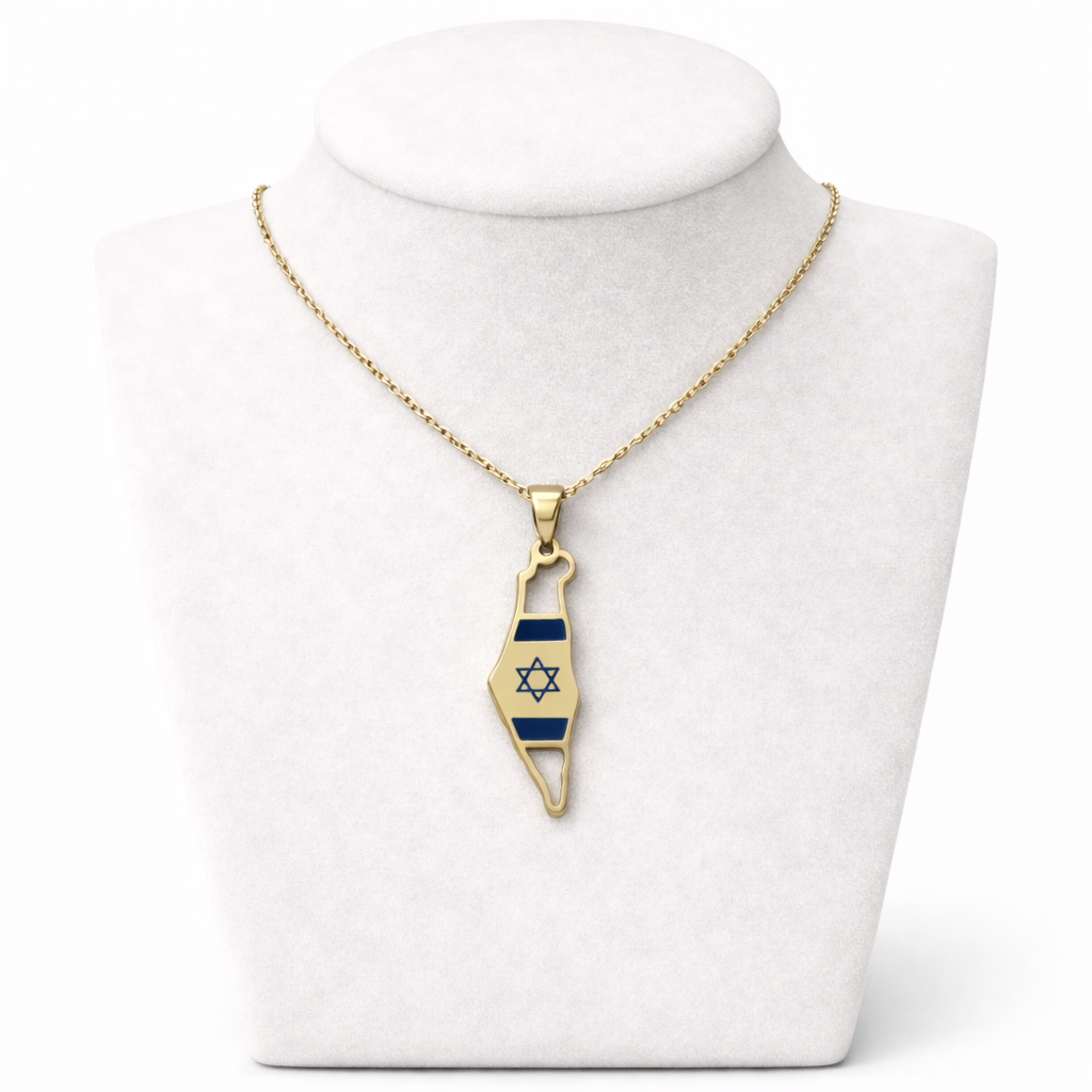 Israel Map Necklace with Israeli Flag Design – Gold Stainless Steel Pendant | Unisex Jewish Gift LSN-6013