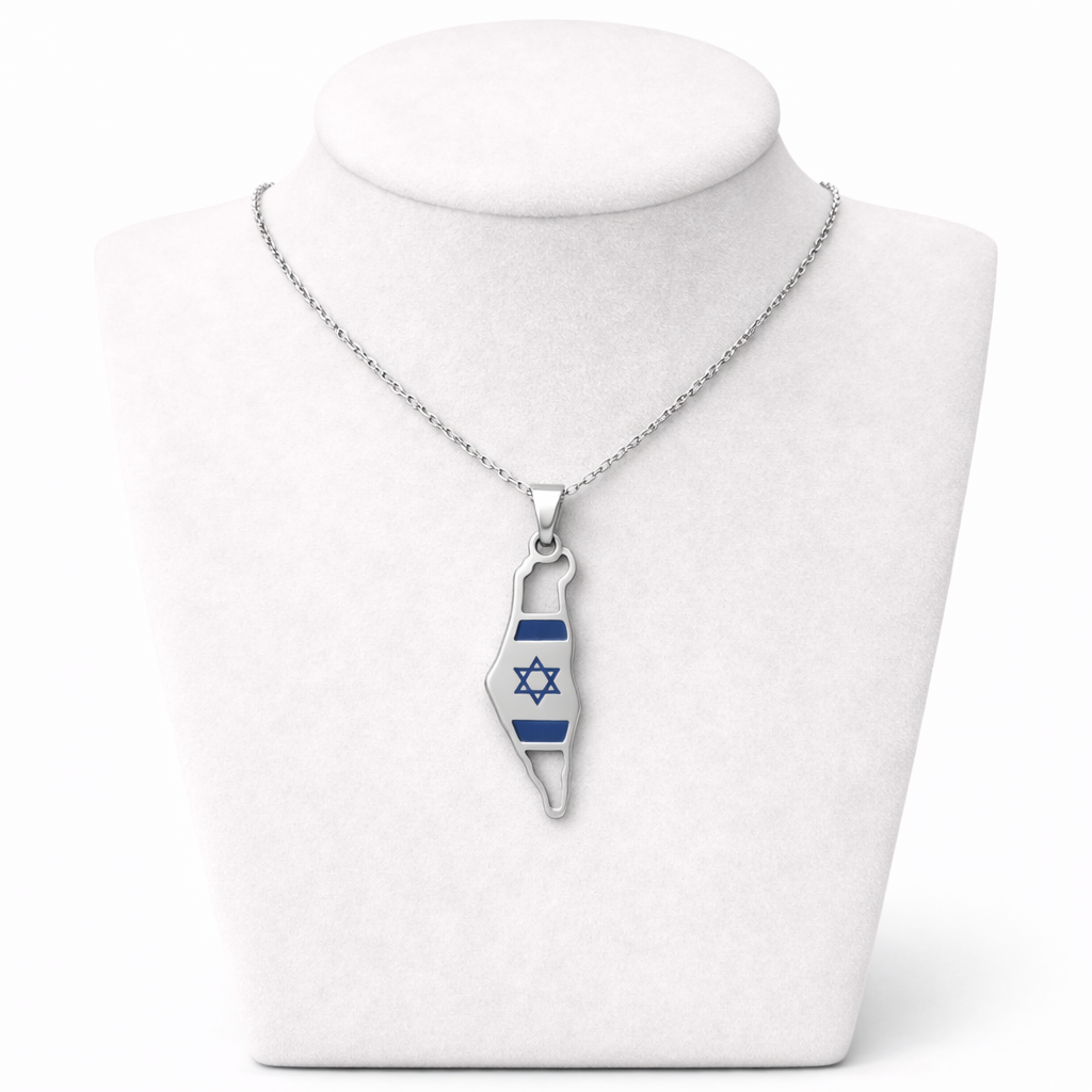Israel Map Necklace with Israeli Flag Design – Silver Stainless Steel Pendant | Unisex Jewish Gift LSN-6014