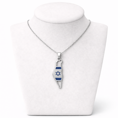 Israel Map Necklace with Israeli Flag Design – Silver Stainless Steel Pendant | Unisex Jewish Gift LSN-6014