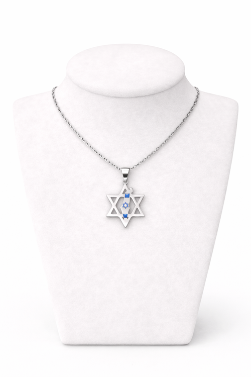 Star of David Necklace with Israel Map & Flag Detail – Silver Stainless Steel Pendant | Unisex Jewish Gift LSN-6016