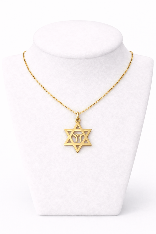Star of David Necklace with Chai Pendant – Gold Stainless Steel Jewish Necklace | Unisex Gift LSN-6017
