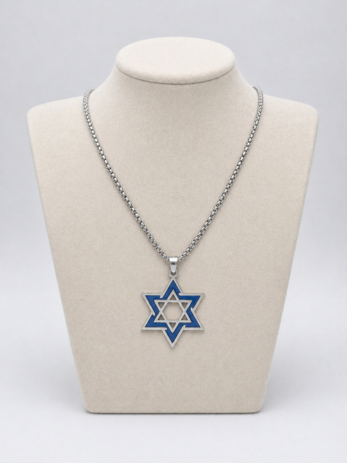 Star of David Necklace 3 x 2.5 cm  – Blue / Silver Stainless Steel Jewish Pendant | Unisex Gift LSN-6029