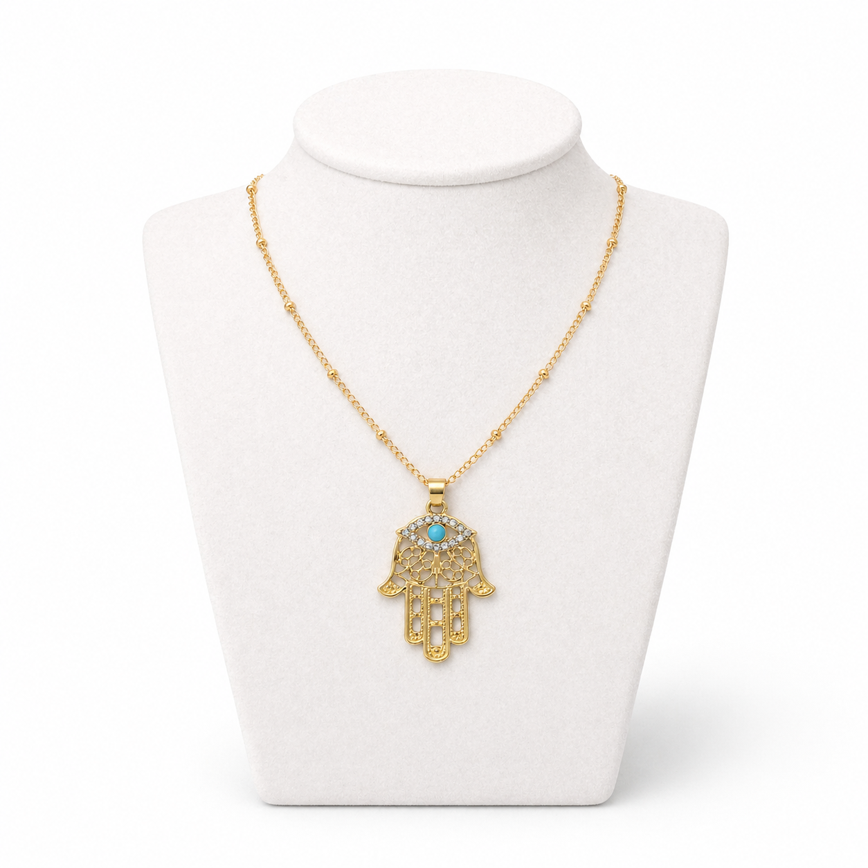 Hamsa Necklace with Stone Detail 3 x 2 cm – Gold Stainless Steel Pendant | Unisex Protection Jewelry LSN-6046