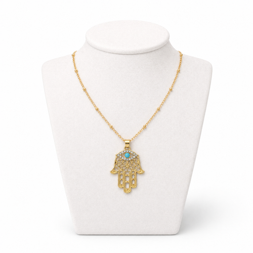 Hamsa Necklace with Stone Detail 3 x 2 cm – Gold Stainless Steel Pendant | Unisex Protection Jewelry LSN-6046