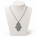 Hamsa Necklace with Traveler’s Prayer Engraving 4 x 3 cm – Jerusalem Design Black / Silver Stainless Steel Pendant | Jewish Protection Gift LSN-6047