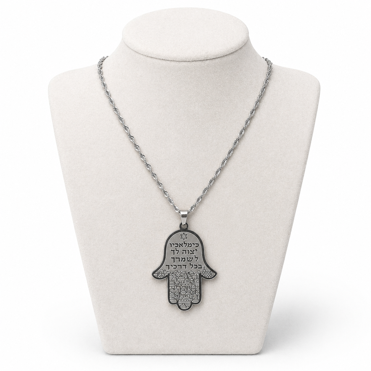 Hamsa Necklace with Traveler’s Prayer Engraving 4 x 3 cm – Jerusalem Design Black / Silver Stainless Steel Pendant | Jewish Protection Gift LSN-6047