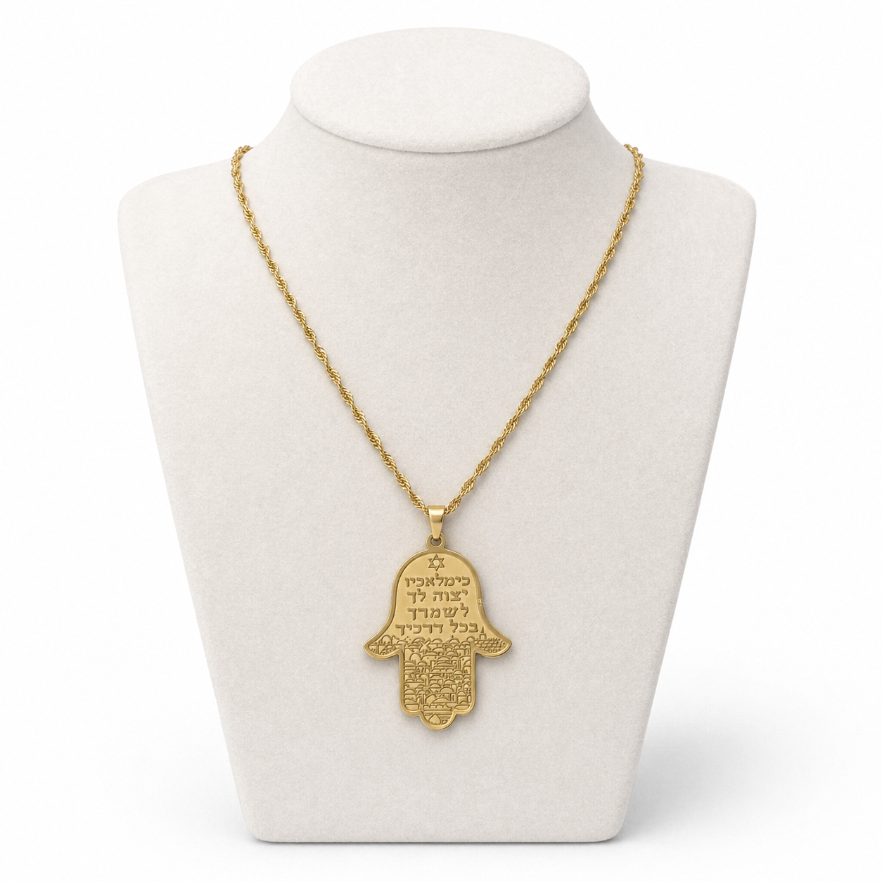 Hamsa Necklace with Traveler’s Prayer Engraving 4 x 3 cm – Jerusalem Design Gold Stainless Steel Pendant | Jewish Protection Gift LSN-6048