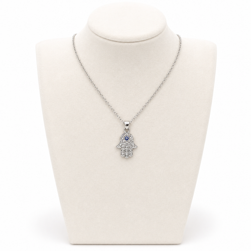 Hamsa Necklace with Stone Detail 2 x 1.5 cm – Silver Stainless Steel Pendant | Unisex Protection Jewelry LSN-6051