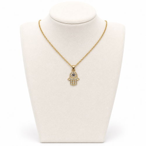 Hamsa Necklace with Stone Detail 2 x 1.5 cm – Gold Stainless Steel Pendant | Unisex Protection Jewelry LSN-6052