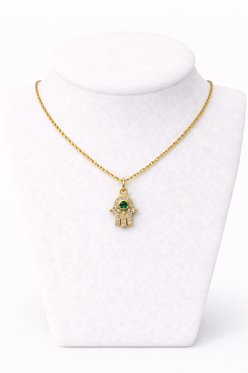 Hamsa Necklace with Stone Detail 1.2 x 1 cm – Gold Stainless Steel Pendant | Unisex Protection Jewelry LSN-6053
