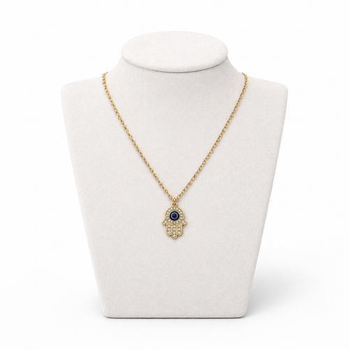 Hamsa Necklace with Stone Detail 2.5 x 1.5 cm – Gold Stainless Steel Pendant | Unisex Protection Jewelry LSN-6054