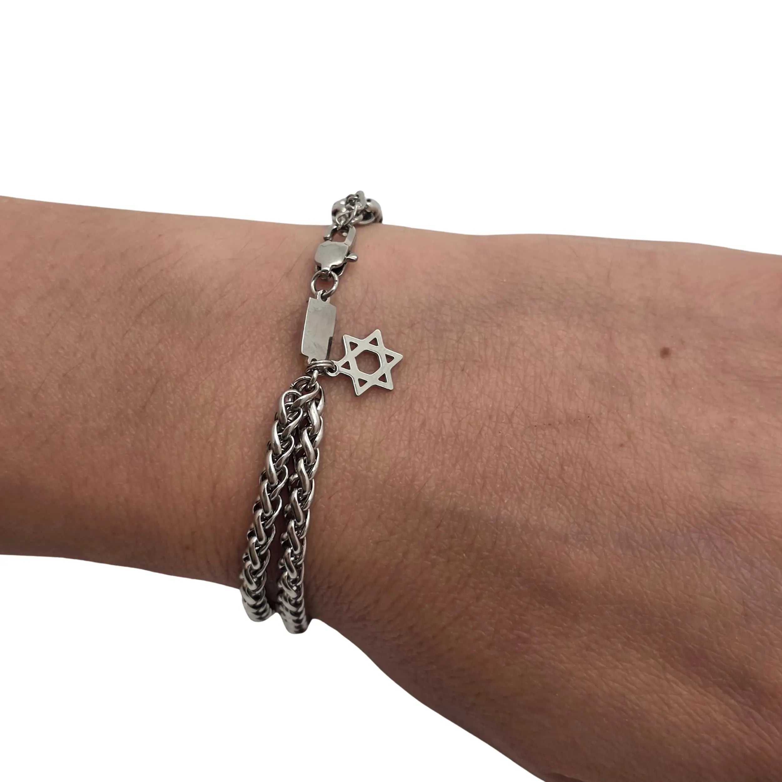 Star of David Bracelet – [Silver] Stainless Steel Jewish Double Chain Bracelet | Unisex Gift LSN-6206