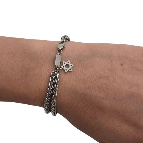 Star of David Bracelet – [Silver] Stainless Steel Jewish Double Chain Bracelet | Unisex Gift LSN-6206