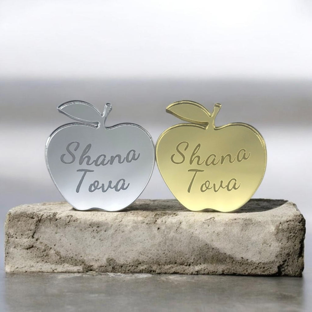 Rosh Hashanah Apple Fridge Magnets – Golden/Silver Mirror Acrylic "Shana Tova" Hebrew/English Magnets | Set of 5 or More