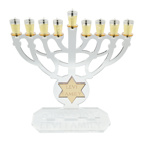 Personalized Maccabi Menorah Chanukiah – Custom Family Name Acrylic Hanukkah Menorah | Model # LSN-2103