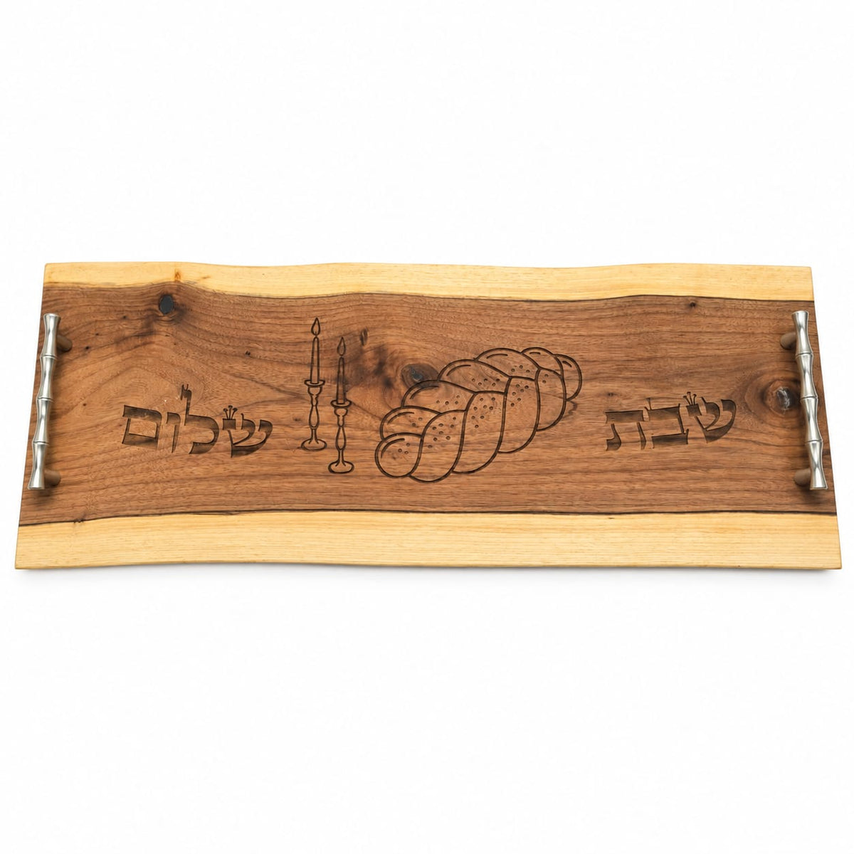 Live Edge Walnut Wood Challah Board 24x10 – Fits Two Challahs, Shabbat Shalom Engraving, Stainless Steel Handles, Free Personalization – LSN-3114