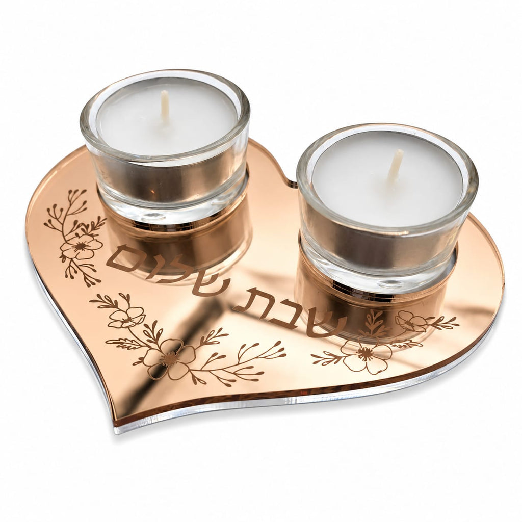 Personalized Heart Shabbat Candle Tray – Shabbat Shalom Hebrew Acrylic Candle Holder, Hostess Gift | Model LSN-4033