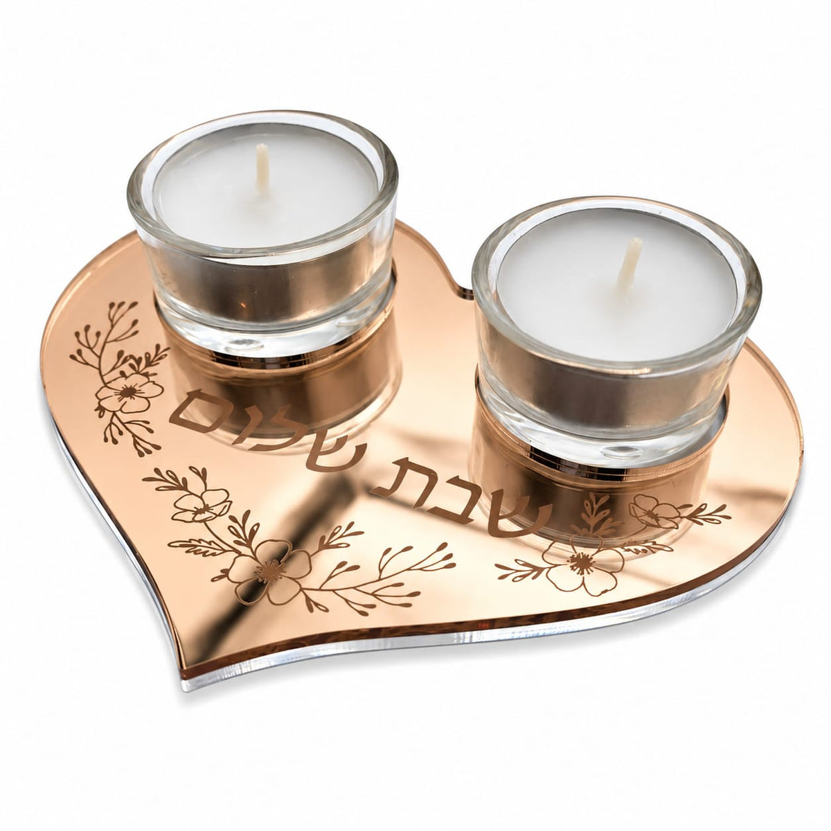 Personalized Heart Shabbat Candle Tray – Shabbat Shalom Hebrew Acrylic Candle Holder, Hostess Gift | Model LSN-4033