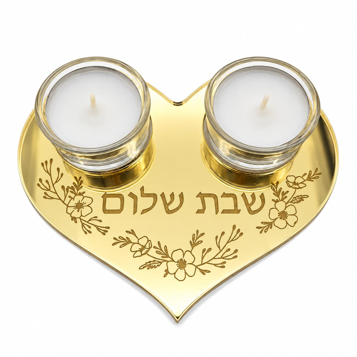 Personalized Heart Shabbat Candle Tray – Shabbat Shalom Hebrew Acrylic Candle Holder, Hostess Gift | Model LSN-4030