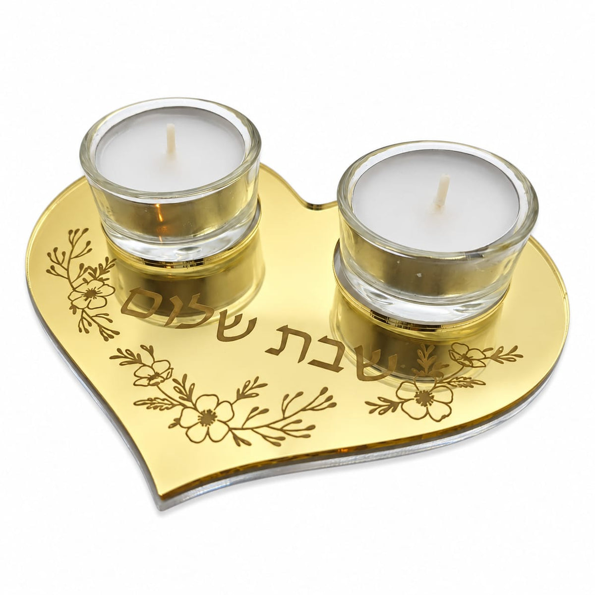 Personalized Heart Shabbat Candle Tray – Shabbat Shalom Hebrew Acrylic Candle Holder, Hostess Gift | Model LSN-4030